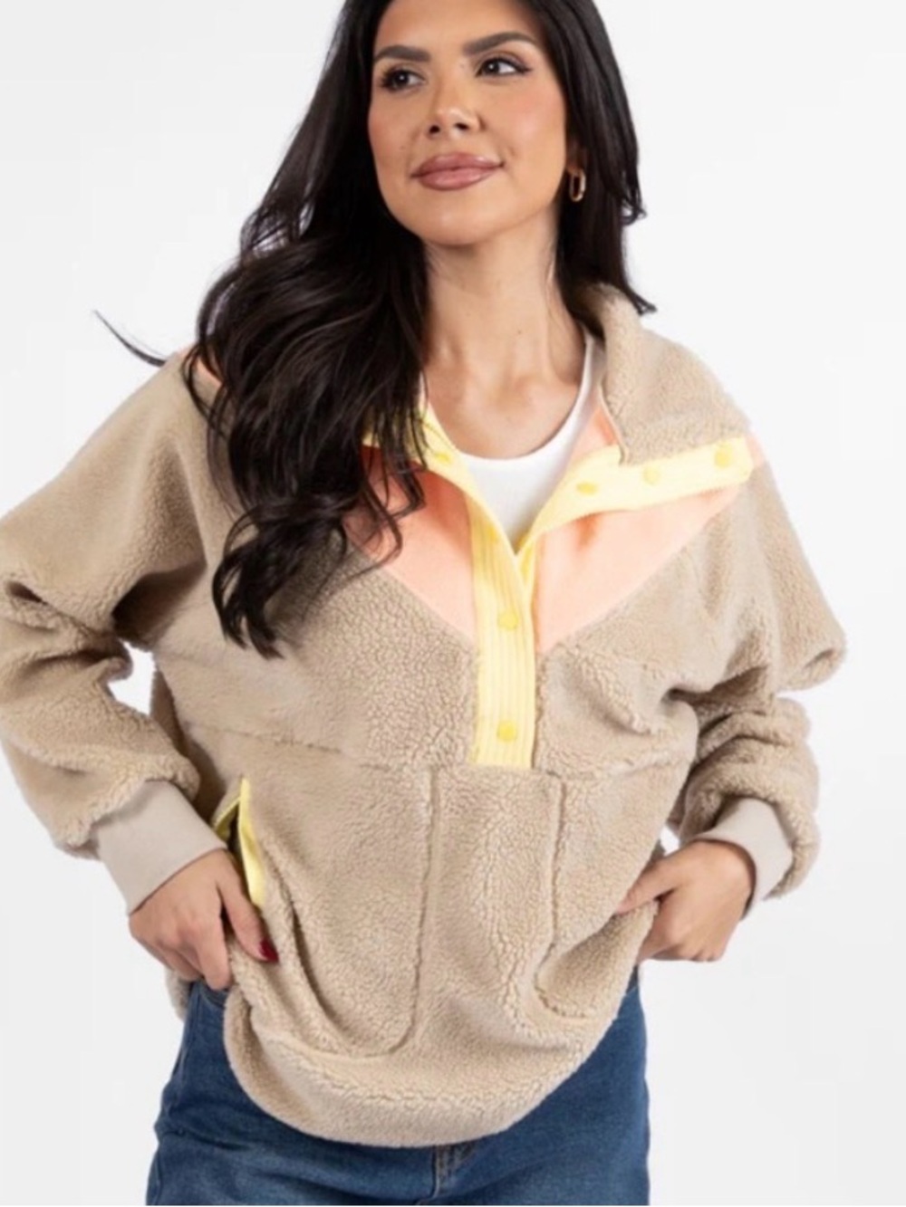 Pink Lily Teddy Sherpa Pullover Jacket in Beige with Pink & Yellow Accents